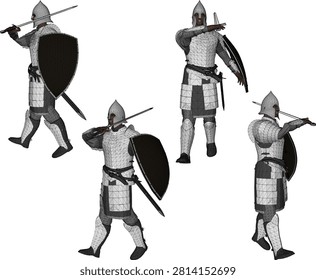 Side perspective and back views of a veteran frontline knight soldier wearing reinforced iron armor while brandishing a dual-edge sword and solid shield