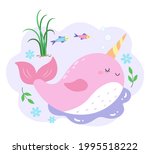 The side of a pink narwhal with many bubbles and grass, fish and flowers in the background