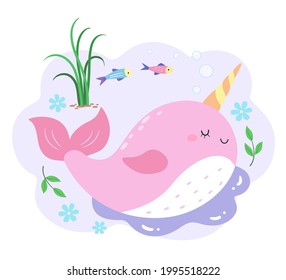 The side of a pink narwhal with many bubbles and grass, fish and flowers in the background