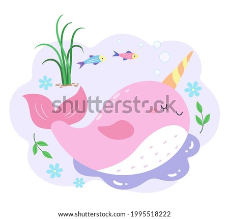 The side of a pink narwhal with many bubbles and grass, fish and flowers in the background