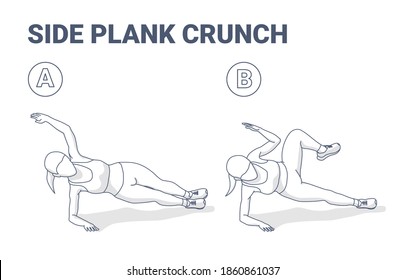 Side Plank Crunch Home Workout Exercise Female Silhouette Illustration. Outline Concept Girl Working at Home on Her Core a Female in Sportswear Top, Sneakers, Leggings Doing Plank Crunches Guidance.