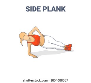 Side Plank Female Home Workout Exercise Guidance Illustration. Colorful Concept of Girl Working on Her Abs Young Woman in Sportswear Llush Lava Top and Sneakers, and White Leggings Doing Core Exercise