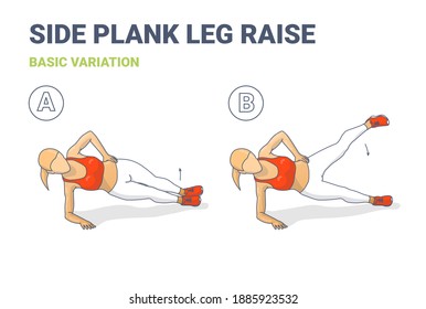 Side Plank Leg Raise Female Home Workout Exercise Guide Illustration. Colorful Concept Of Girl Working At Home On Her Legs And Abs Young Woman In Sportswear Doing High Intensity Exercise.