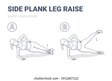 Side Plank Leg Raise Female Home Workout Exercise Guide Illustration. Concept of Girl Working at Home on Her Legs and Abs Young Woman in Sportswear Top, Sneakers Doing High-Intensity Exercise.