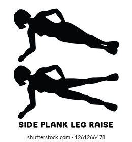 Side plank leg raise. Sport exersice. Silhouettes of woman doing exercise. Workout, training Vector illustration