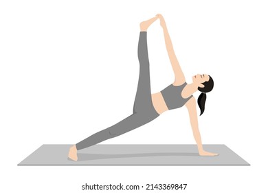 Side Plank Pose II. Beautiful girl practice Vasisthasana II. Young attractive woman practicing yoga exercise. working out, black wearing sportswear, grey pants and top, indoor full length, calmness