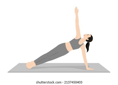 Side Plank Pose, Sage Vasistha's Pose. Beautiful girl practice Vasisthasana. Young attractive woman practicing yoga exercise. working out, black wearing sportswear, grey pants and top, indoor full