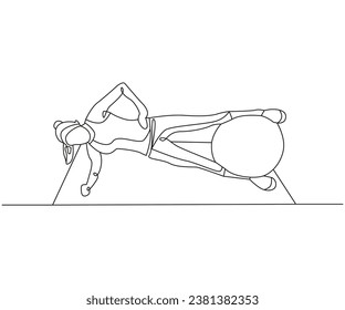 Tabla lateral de chillar un dibujo de la línea de ejercicio de la bola suiza aislado en el espacio de copia fondo blanco, ejercicio de la tabla lateral de estabilidad ilustración de vector editable, Diseño de dibujo continuo de una línea