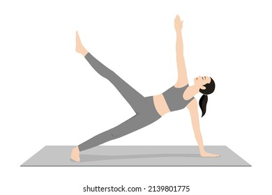 Starfish de Plank lateral. Bella chica practica Vasisthasana Starfish. Joven atractiva practicando yoga. entrenamiento, ropa deportiva negra, pantalones grises y top, interior de largo, calma