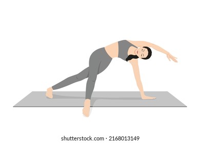 Side Plank Twist Arm Overhead. Beautiful girl practice Vasisthasana Twist Arm Overhead. Young attractive woman practicing yoga exercise. working out, black wearing sportswear, grey pants and top