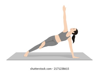 Side Plank Variation Raised Leg. Beautiful girl practice Vasisthasana Variation Raised Leg. Young attractive woman practicing yoga exercise. working out, black wearing sportswear, grey pants and top