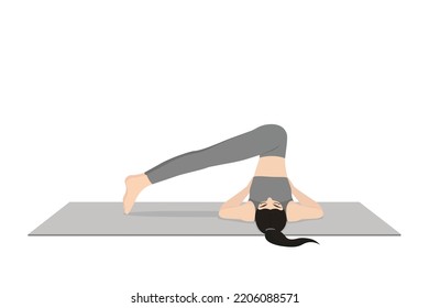 Side Plough Pose. Beautiful girl practice Parsva Halasana. Young attractive woman practicing yoga exercise. working out, black wearing sportswear, grey pants and top, indoor full length, calmness
