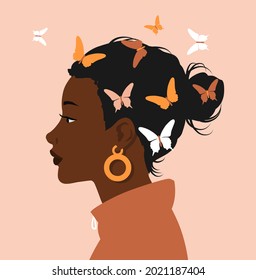 Side portrait of black afro woman face on pastel background. Beautiful woman with colorfl butterflies flying over her head. Flat cartoon vector illustration