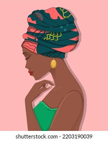 Side portrait of black afro woman face on pink background. Beautiful woman Flat cartoon vector illustration svg