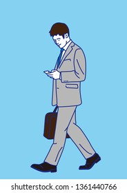 side portrait businessman walking  using smart phone, Vector illustration
