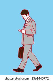 side portrait businessman walking  using smart phone, Vector illustration
