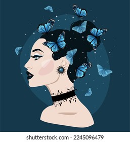 Side portrait of magic woman face on blue background. Beautiful woman with butterflies flying over her head.