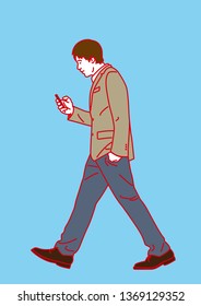 side portrait man walking  using smart phone