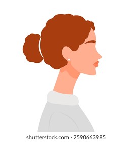 side portrait of woman with hair bun, female profile with curly brown hair, flat style vector illustration