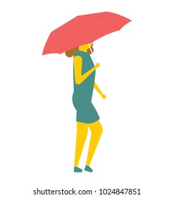 A side pose girl under red umbrella, flat vector icon 