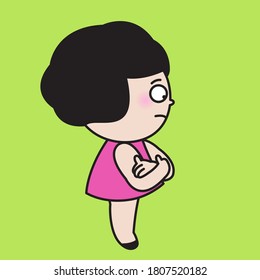 Side Prifile Of Girl With Unhappy Face Standing With Her Arms Crossed Concept Card Character illustration