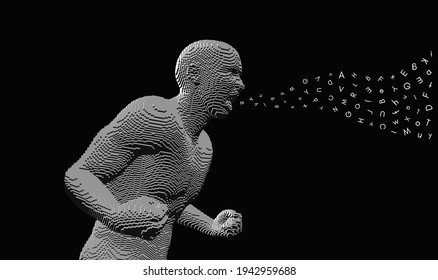 横顔の怒った男が 口からアルファベットの文字を飛ばして叫ぶ 感情的なやつが叫び声を上げる ボクセルアート3dベクターイラスト のベクター画像素材 ロイヤリティフリー Shutterstock