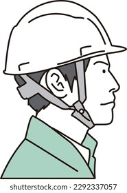 Side profile of an Asian male worker wearing a helmet