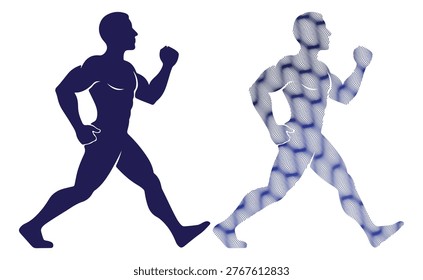 Side profile of athletic male figure walking, solid dark version, wavy line art texture