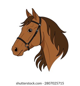 Side profile of a brown horse wearing a bridle. A clean illustration of a brown horse head in profile wearing a black bridle with a dark mane on a white background. Perfect for equestrian logos or educational materials.