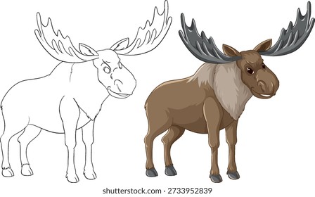 A side profile of a bull moose presented in both colored and outline vector styles