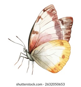 A side profile of a butterfly, painted with watercolor techniques, showcasing a blend of soft colors. The wings display a gradient of light beige, peach, and muted yellow tones.