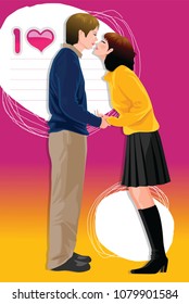 Side profile of a couple holding hands and kissing
