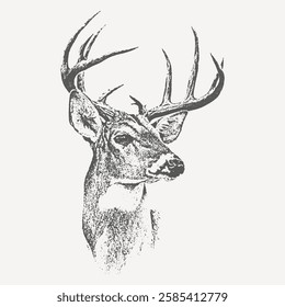 Side profile of a deer with majestic antlers, hand-drawn illustration in vintage style with fine details.