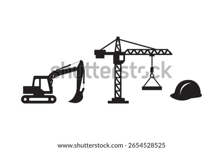 Side profile of an excavator, a tower crane, and a hard hat; simple black silhouettes.