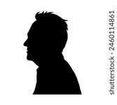 Side profile face portrait middle aged male vector black silhouette.	