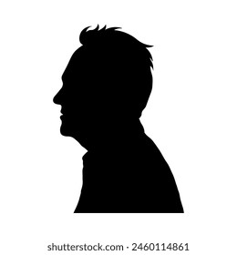 Side profile face portrait middle aged male vector black silhouette.	