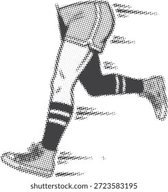 Perfil lateral de un individuo de carrera rápida estilizado con puntos de semitono, que muestra un movimiento vigoroso, concepto deportivo y postura dinámica, tono oscuro.