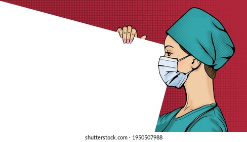 Side profile of a female doctor in a medical mask. Woman in surgical cap in pop art style. Retro halftone background with copy space. Healthcare vector illustration.