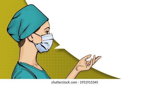 Perfil lateral de una doctora con mascarilla médica. Mujer con vestimenta de arte pop. Fondo de medio tono retro con burbuja de habla. Ilustración del vector de cuidado de la salud.