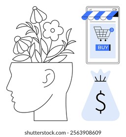 Side profile with flowers growing from the head, symbolizing creativity. Smartphone with a shopping app and a money bag. Ideal for creativity, e-commerce, online shopping, financial growth, mental