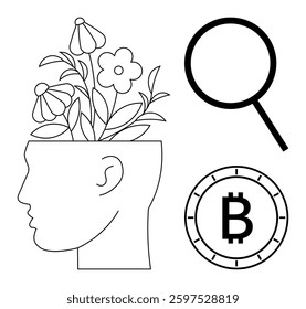 Side profile head with blooming flowers, magnifying glass, and Bitcoin icon. Ideal for mental growth, education, research, finance, investment, technology, digital economy themes. Line metaphor