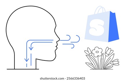 Side profile of a head illustrating airflow through the nose and mouth alongside a shopping bag and flowers. Ideal for respiratory health lifestyle shopping balance wellness and relaxation