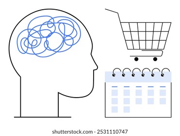 A side profile of a head with tangled lines inside represents mental struggles. Ideal for time management, mental health, organizational skills, planning, and consumer behavior. Simple modern style