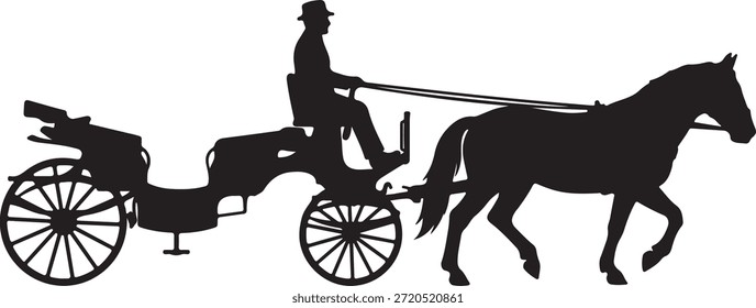 Perfil lateral de un caballo y un conductor en un carruaje clásico, moviéndose con gracia, representado como una silueta audaz.