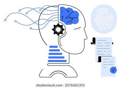 Side profile of a human head with blue brain connections and gears, next to documents with a fingerprint and check mark. Ideal for technology, artificial intelligence, digital identity, innovation