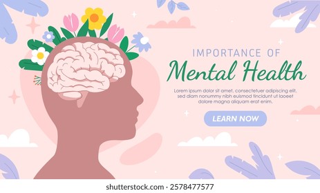 Side profile of a human head with a brain inside, adorned with flowers and leaves, on a pastel pink background. Promotes mental health awareness. Vector illustration