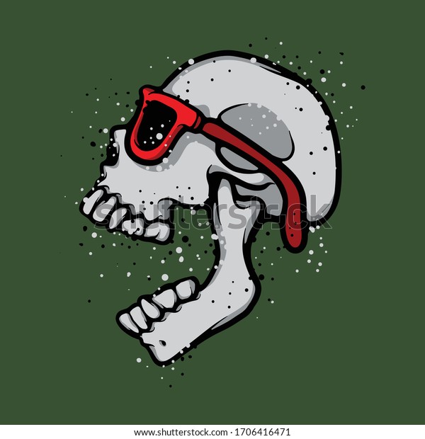 赤いサングラスをかけた人間の頭蓋骨の横顔 笑う骸骨 ホラーベクター画像のコンセプト エンブレムのイラスト のベクター画像素材 ロイヤリティフリー