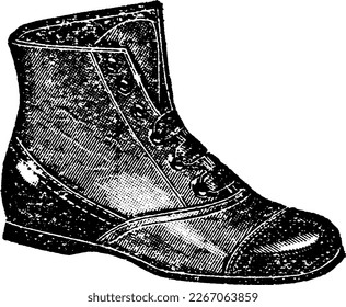 Side Profile Illustratied Engraving of Oxford Boot With Laces and Heel, Illustration drawn in engraved etching style with halftones and linework. Antique shoe from early 1900s. Retro sketch.