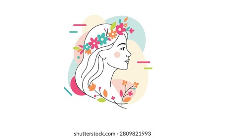 Side profile illustration of a beautiful young woman wearing a colorful flower crown on pastel abstract background.