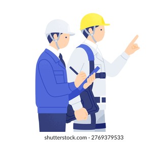 Side profile illustration of a site supervisor and worker wearing helmets and full body harnesses, inspecting and giving instructions with a tablet